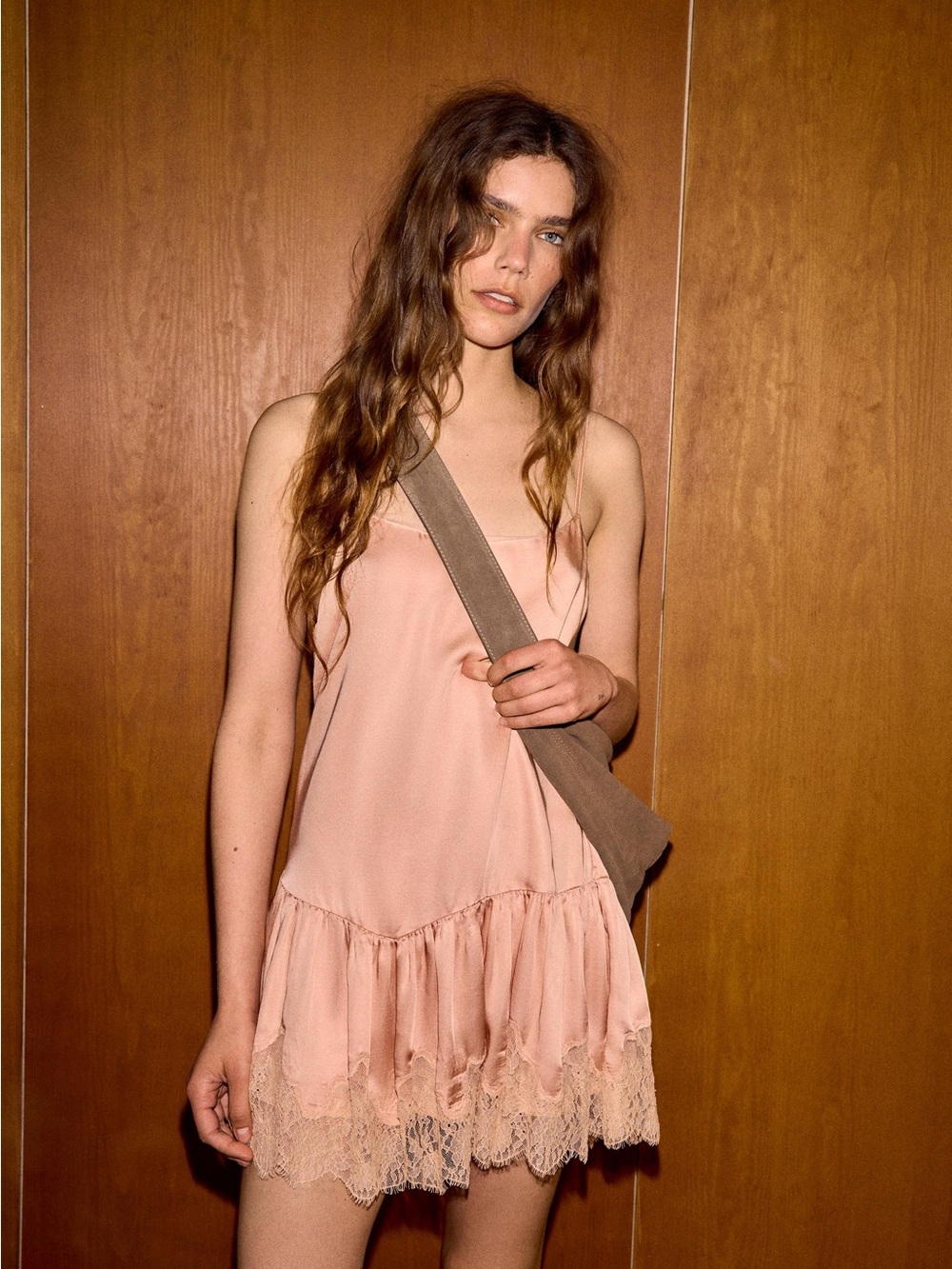 Zara Peach Slip Dress with Lace Hem